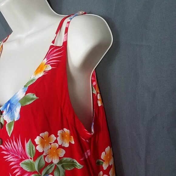 Tiki Palm Medium Red Sleeveless Floral Pull On Shift Dress Rayon Knee Length M - Picture 2 of 16